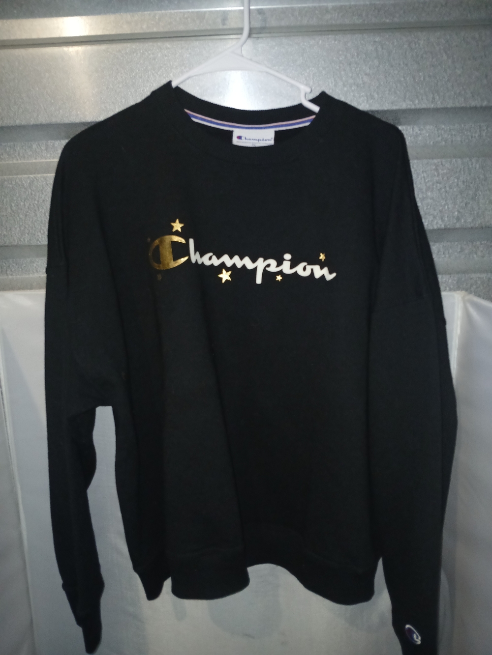 Champion Metallic Gold Star Script Logo Crewneck Sweatshirt Black Size XL